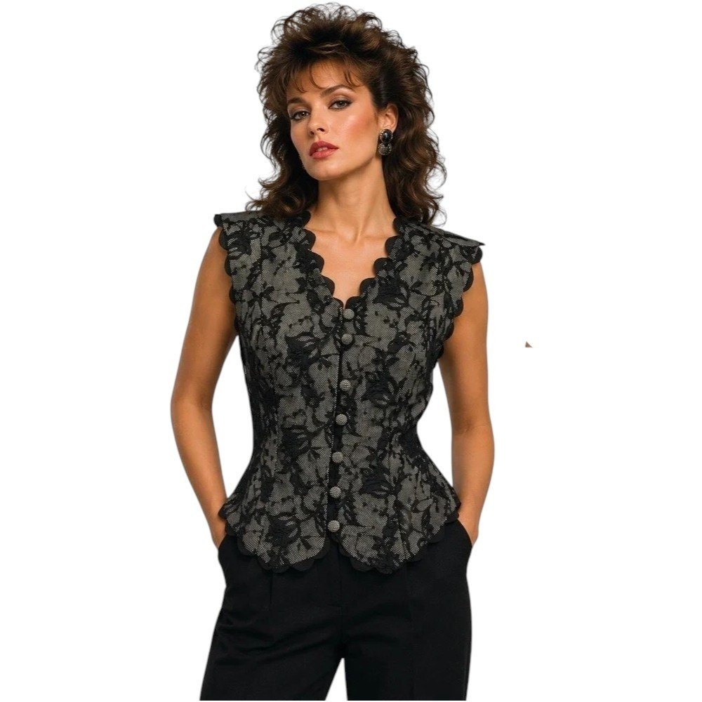 Vintage Jan Barboglio Women Vest Lace Overlay Black White Scalloped Top Size 10